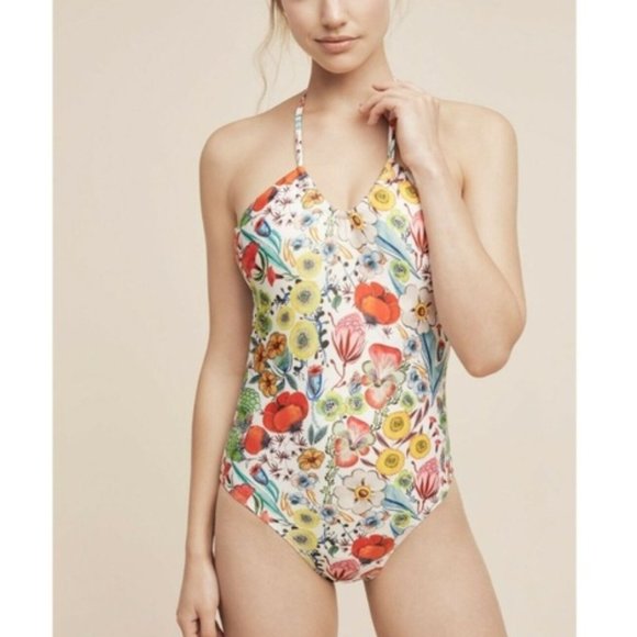 Anthropologie Other - Anthropologie Floral Halter One-Piece Swimsuit M